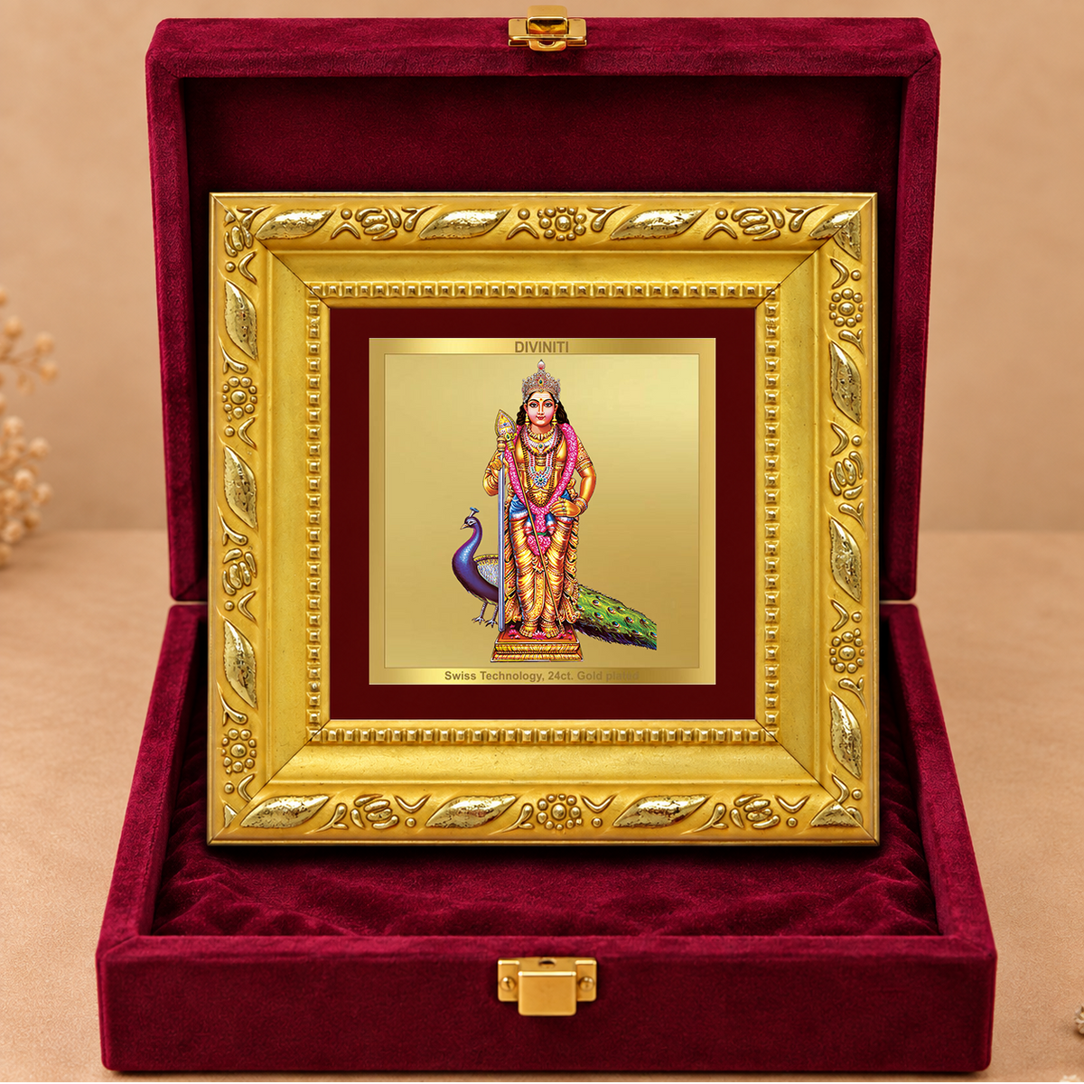 24K Gold-Plated Lord Murugan with Peacock Frame | Premium Gift Box | 10x10 CM