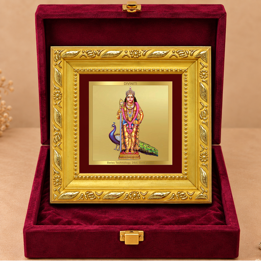 24K Gold-Plated Lord Murugan with Peacock Frame | Premium Gift Box | 10x10 CM