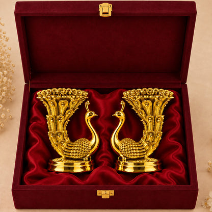 999 Gold-Plated Peacock Candle Holder Pair | Premium Gift Box | 10x8 CM