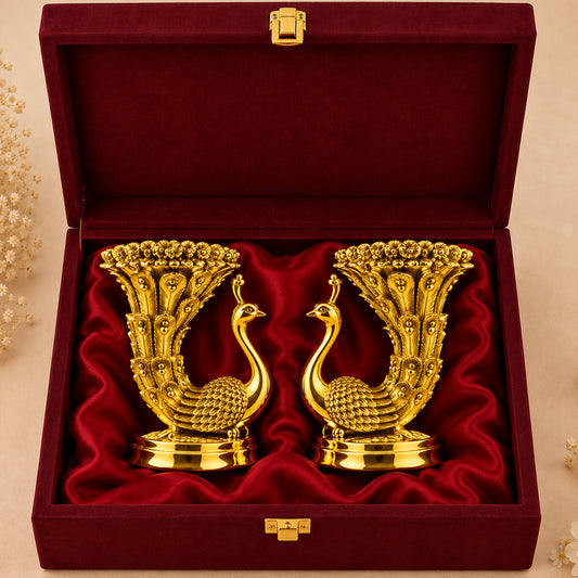 24K Gold-Plated Peacock Candle Holder Pair | Premium Gift Box | 10x8 CM