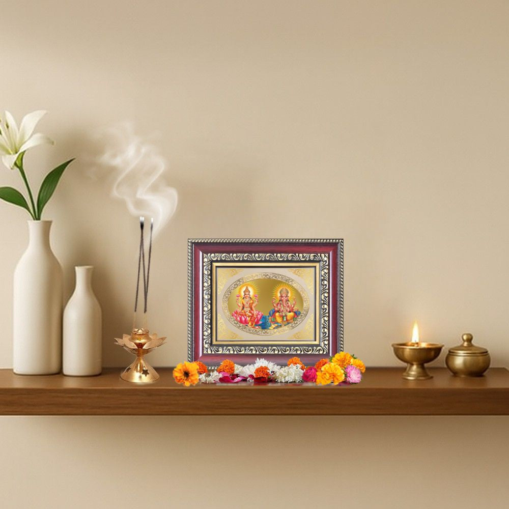 Goddess Lakshmi & Lord Ganesha Divine Wealth & Success Sacred Royal Tabletop Frame in 24K Gold Plated Foil