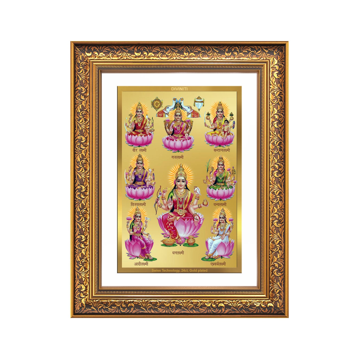 Diviniti 24K Gold Plated Ashtalakshmi Divine Wall Frame for Home Mandir & Office Decor | Luxury Spiritual Gift