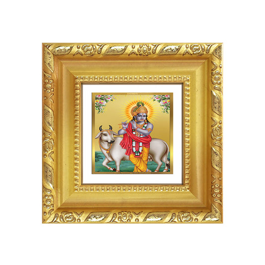 Diviniti Lord Krishna with Surbhi Cow Tabletop Photo Frame in 24K Gold Plated Foil – Compassion, Prosperity & Divine Harmony – DG103S1A (10x10 CM)