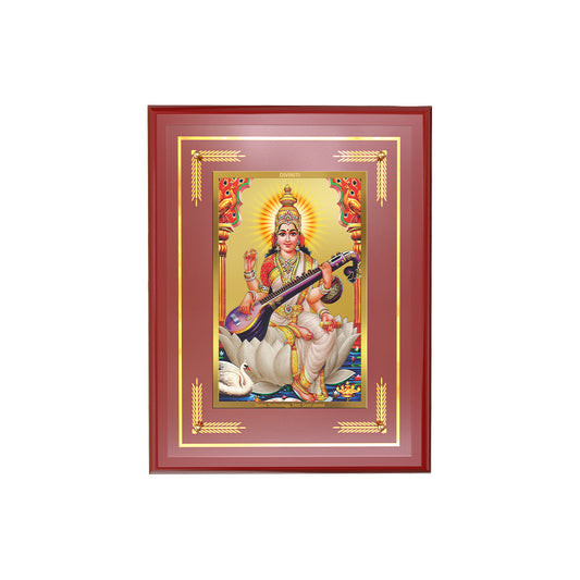 Diviniti Saraswati Mata Wall Photo Frame in 24K Gold Plated Foil | Wisdom, Knowledge & Divine Inspiration
