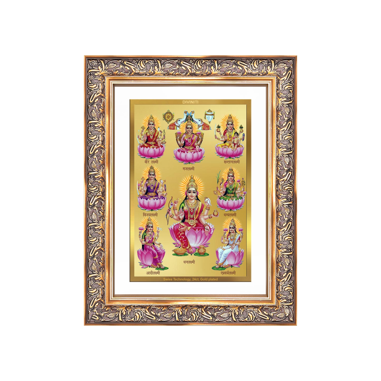 Diviniti 24K Gold Plated Ashtalakshmi Divine Wall Frame for Home Mandir & Office Decor | Luxury Spiritual Gift