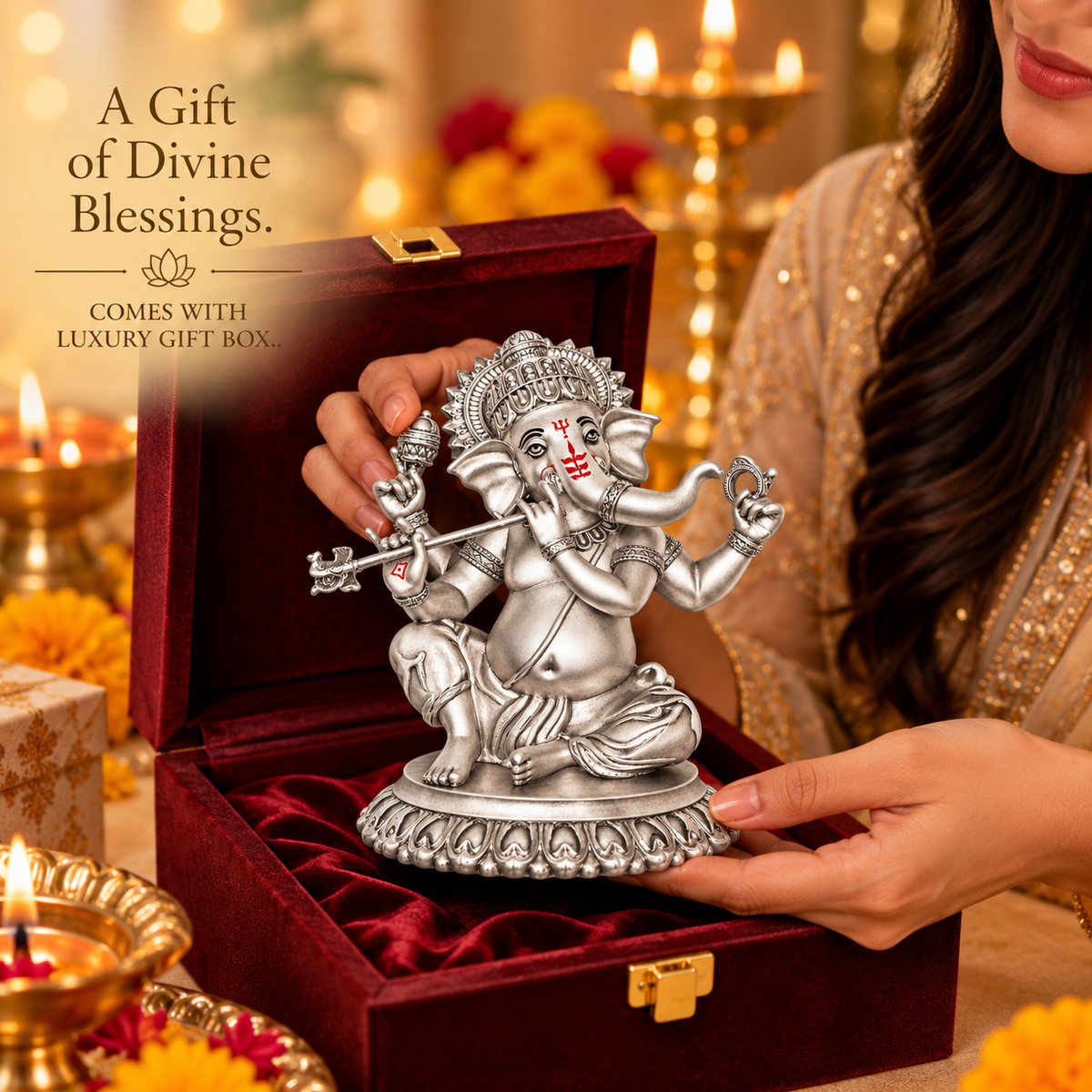 999 Silver-Plated Antique Bansuri Ganesha Idol | Gift Box | 16x14 CM