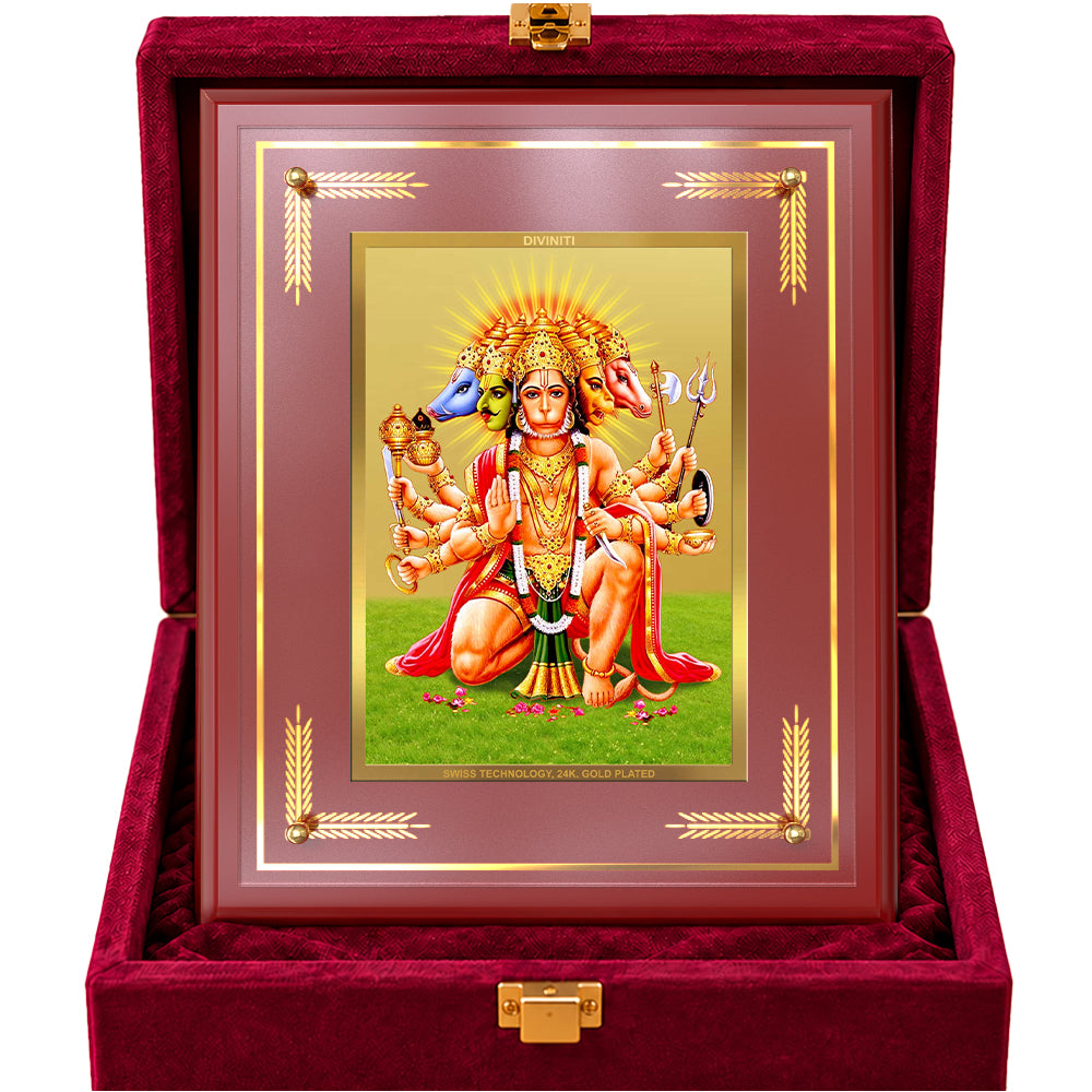 24K Gold-Plated Panchmukhi Hanuman MDF Frame | Premium Gift Box | 27x35 CM