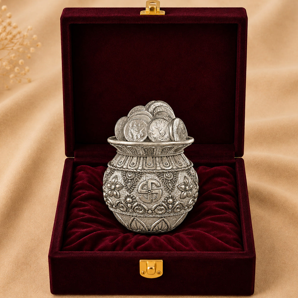 999 Silver-Plated Antique Lakshmi Coin Kalash | Premium Gift Box | 11x9 CM