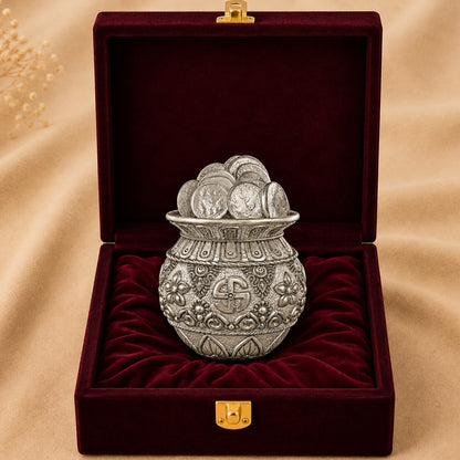 999 Silver-Plated Antique Lakshmi Coin Kalash | Premium Gift Box | 11x9 CM