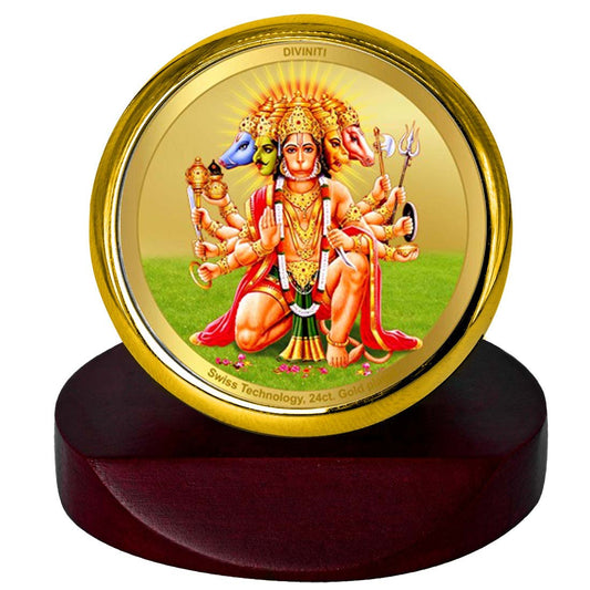 Diviniti 24K Gold Plated Panchmukhi Hanuman Photo Frame for Car Dashboard, Home Decor, Table Top, Puja Room Worship and Festival Gift MCF1CGOLD (5.5x5 CM)