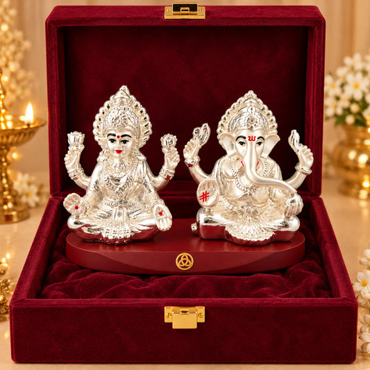 999 Silver-Plated Lakshmi Ganesha Car Dashboard Idol | Premium Gift Box | 11.5x7 CM