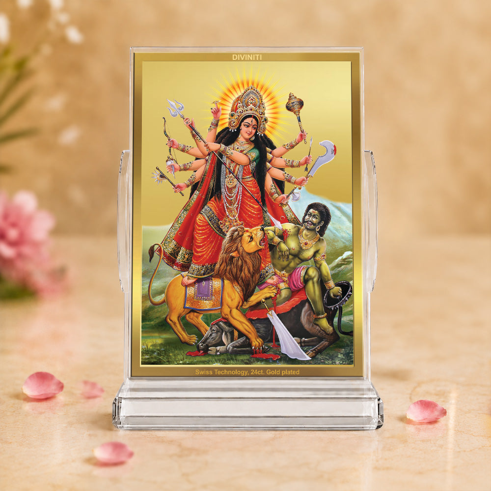 24K Gold-Plated Durga Mahishasura Mardini Acrylic Car Dashboard Frame | 11x7 CM