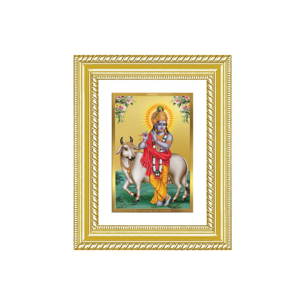 Diviniti 24K Gold Plated Krishna With Surbhi Cow (Classic) Divine Wall and Table Top Frame for Home Mandir & Office Decor | Luxury Spiritual Gift