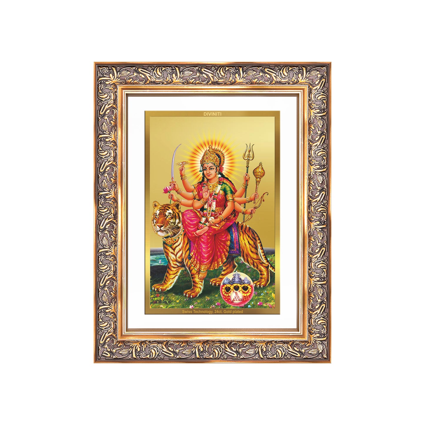 Diviniti 24K Gold Plated Durga - Sherawali Mata With Pind (Classic) Divine Wall Frame for Home Mandir & Office Decor | Luxury Spiritual Gift