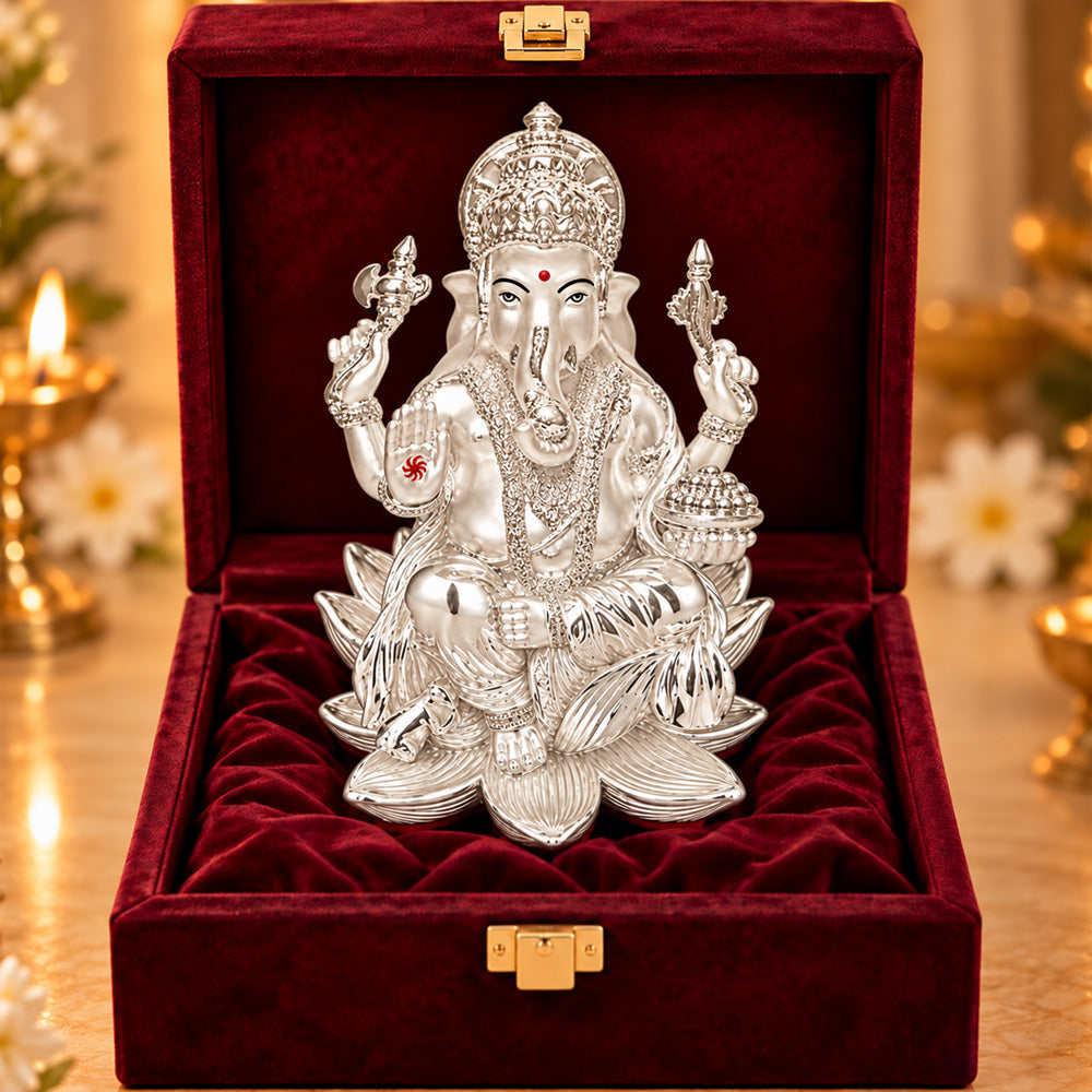 999 Silver-Plated Lord Ganesha Idol | Premium Gift Box | 18x12 CM