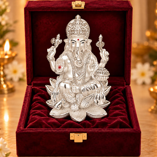 999 Silver-Plated Lord Ganesha Idol | Premium Gift Box | 18x11.5 CM