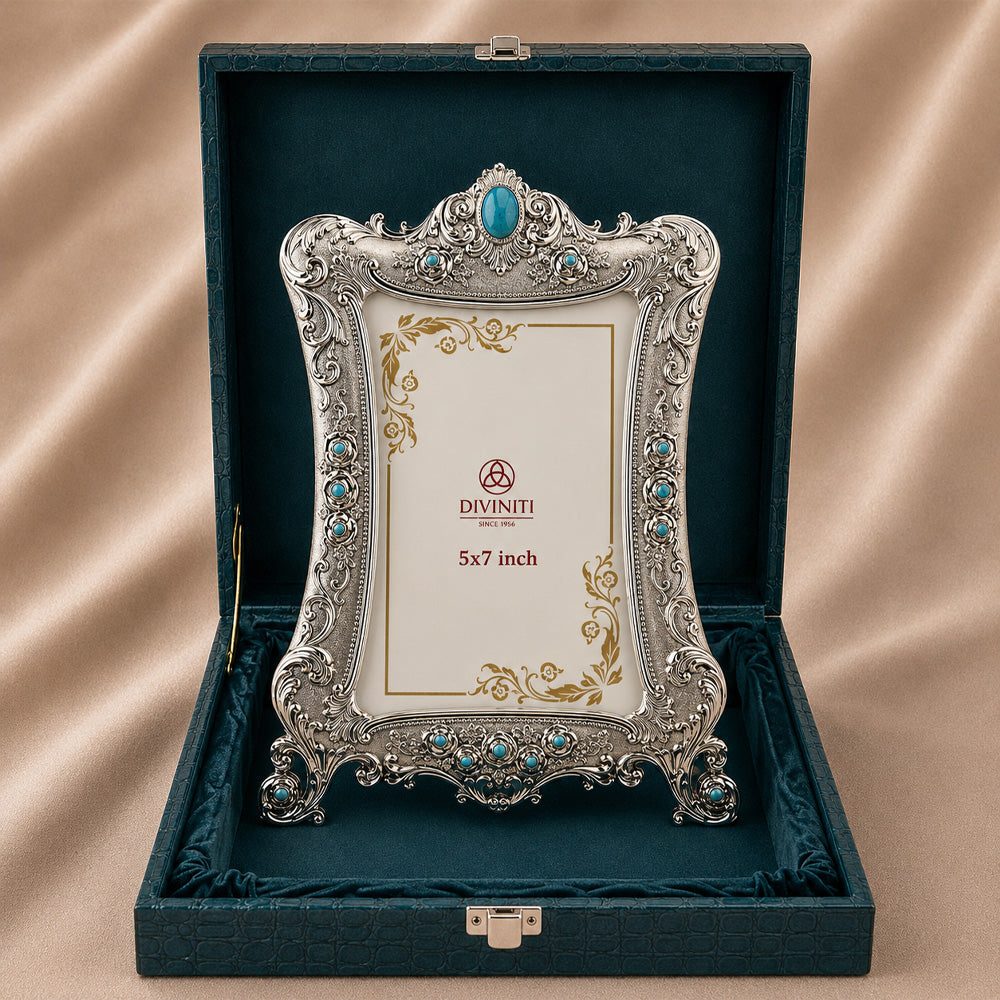 Diviniti Antique Silver-Plated Ornate Photo Frame with Turquoise Stone Accents | Luxury Vintage Tabletop Picture Frame | 5 x 7 Inch