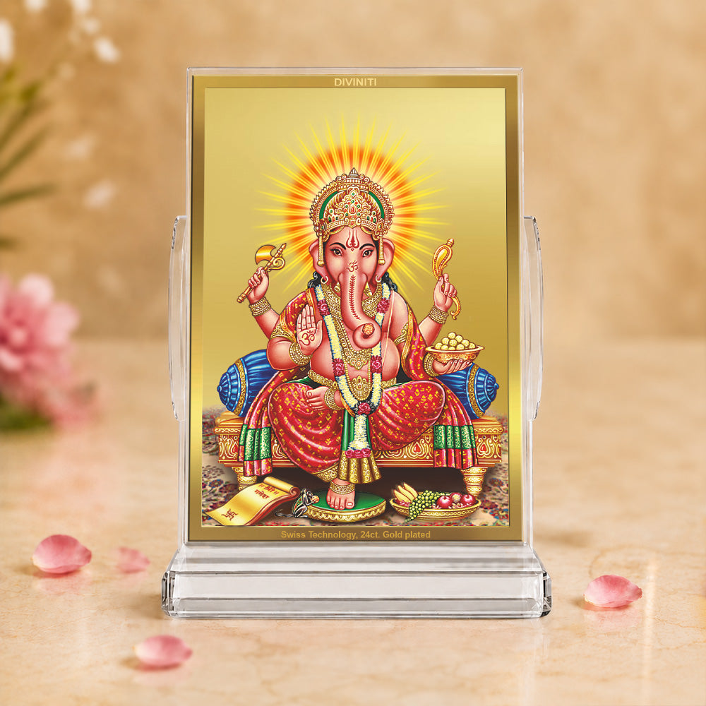 24K Gold-Plated Lord Ganesha Acrylic Car Dashboard Frame | 11x7 CM