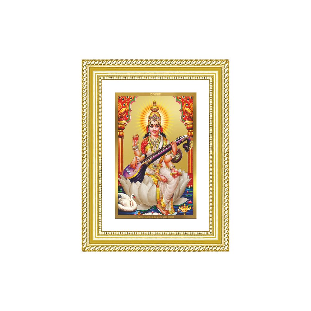 Diviniti 24K Gold Plated Saraswati Mata (Classic) Divine Wall Frame for Home Mandir & Office Decor | Luxury Spiritual Gift