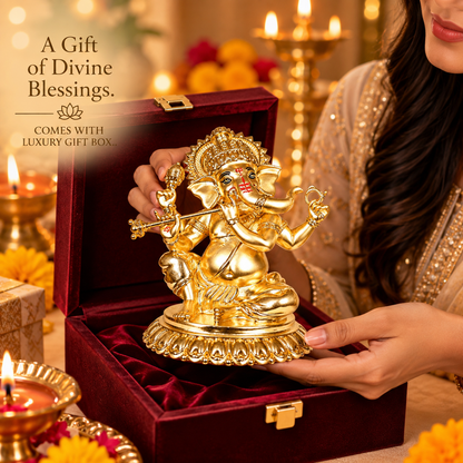 24K Gold-Plated Bansuri Ganesha Idol | Premium Gift Box | 16x14 CM
