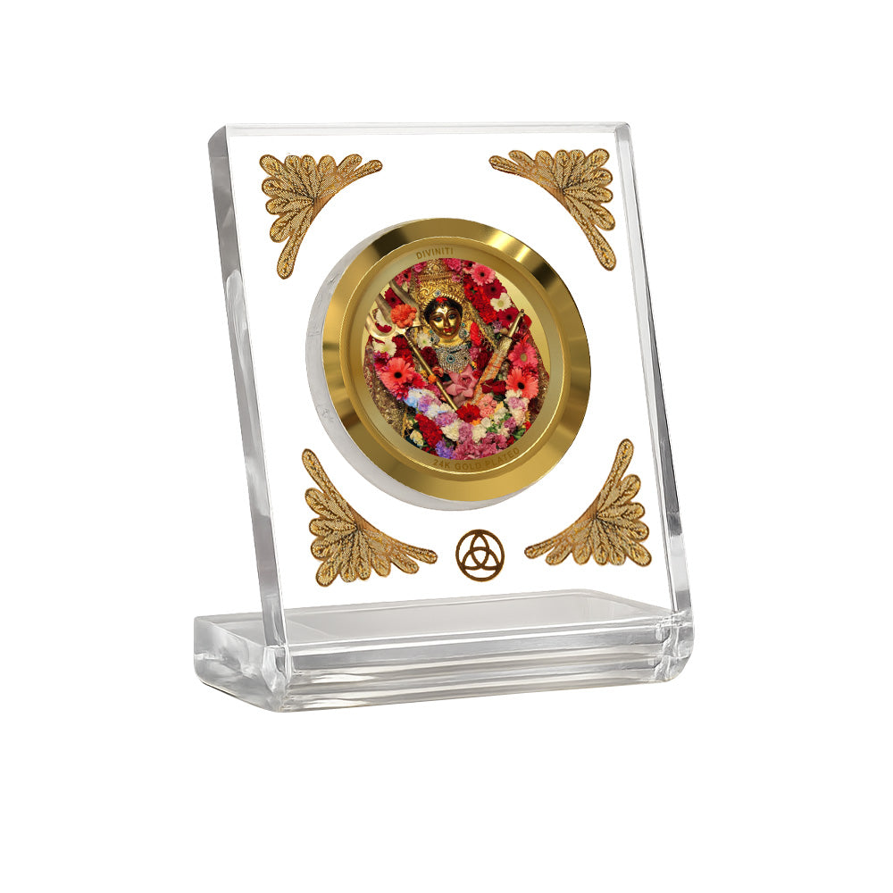 Diviniti 24K Gold Plated Katyayani Mata Acrylic Car Dashboard Frame | Goddess Katyayani for Car, Home Décor, Tabletop & Puja Room | Blessings of Strength, Courage & Protection (ACF1CH)