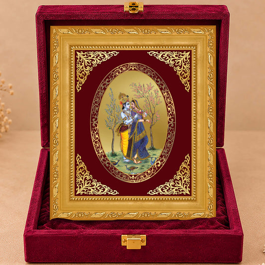 24K Gold-Plated Radha Krishna with Peacock Frame | Premium Gift Box | 21.5x17.5 CM