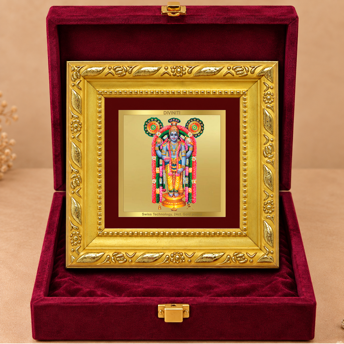 24K Gold-Plated Lord Guruvayurappan Frame | Premium Gift Box | 10x10 CM