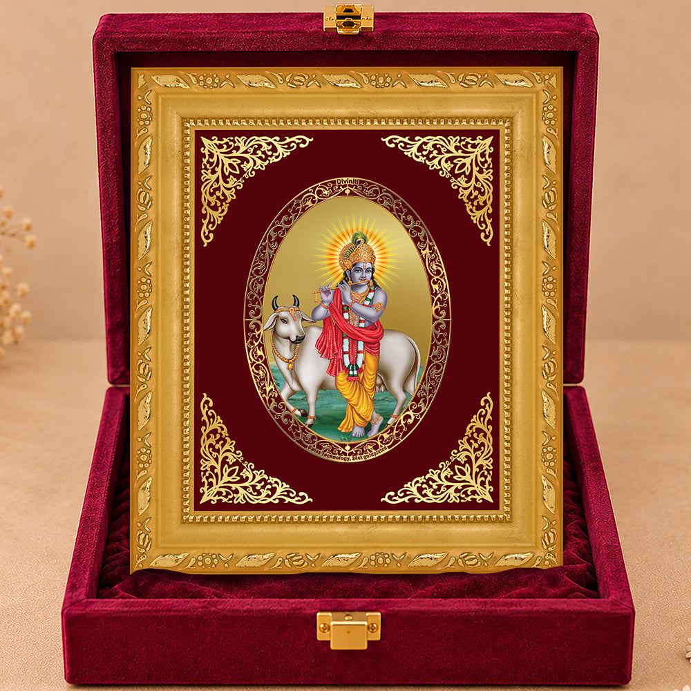 24K Gold-Plated Lord Krishna with Surabhi Cow Frame | Premium Gift Box | 16x13.5 CM