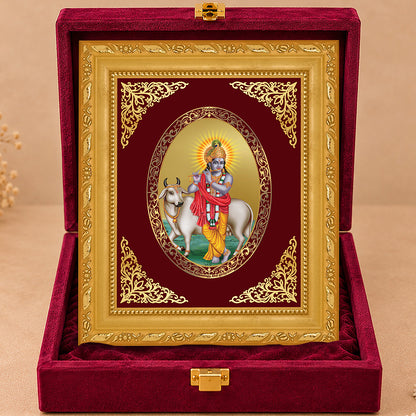 24K Gold-Plated Lord Krishna with Surabhi Cow Frame | Premium Gift Box | 16x13.5 CM