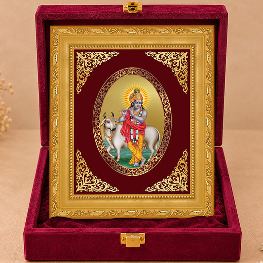 24K Gold-Plated Lord Krishna with Surabhi Cow Frame | Premium Gift Box | 16x13.5 CM
