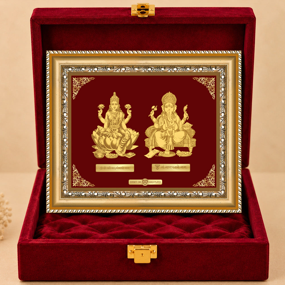 24K Gold-Plated Lakshmi Ganesha Frame | Premium Gift Box | 18x22 CM