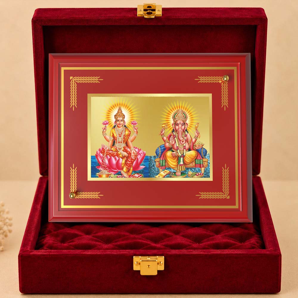 24K Gold-Plated Lakshmi Ganesha MDF Frame | Premium Gift Box | 18x22 CM