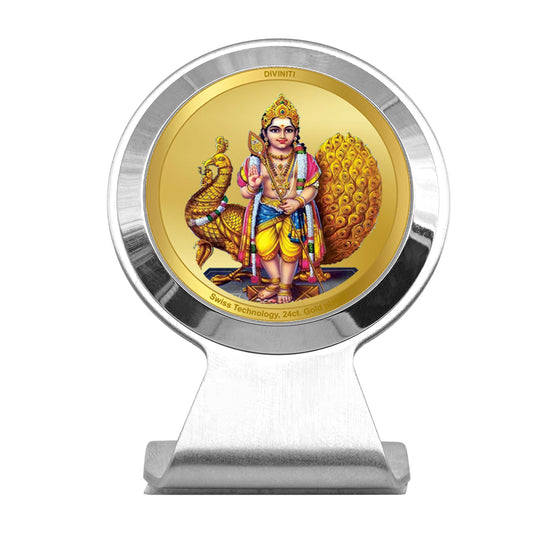 Diviniti 24K Gold Plated Karthikey Frame for Car Dashboard, Home Decor, Worship, Tabletop & Festival Gift MCF1CR (6.2x4.5 CM)