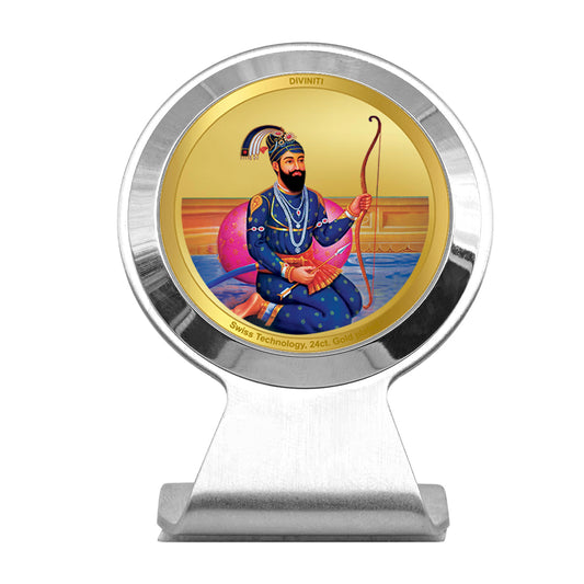 Diviniti 24K Gold Plated Guru Gobind Singh Ji Frame for Car Dashboard, Home Decor, Worship, Tabletop & Festival Gift MCF1CR (6.2x4.5 CM)
