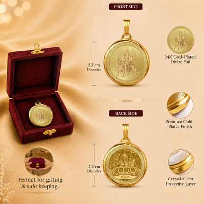 Diviniti 24K Double Sided Gold Plated Pendant Sherawali Mata with Holy Pind & Mata Ka Darbar | 22 MM Flip Coin (1 PCS)