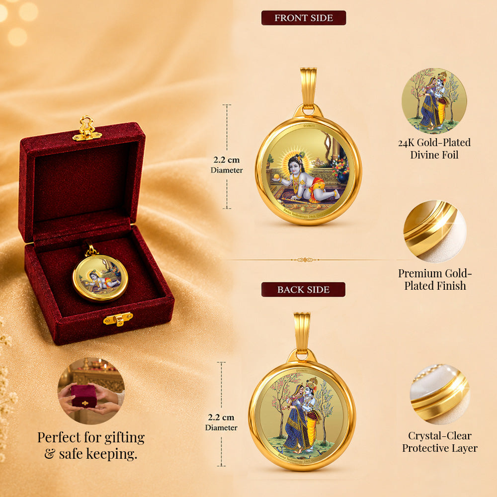 Diviniti 24K Double sided Gold Plated Pendant Radha Krishna & Laddu Gopal|22 MM Flip Coin