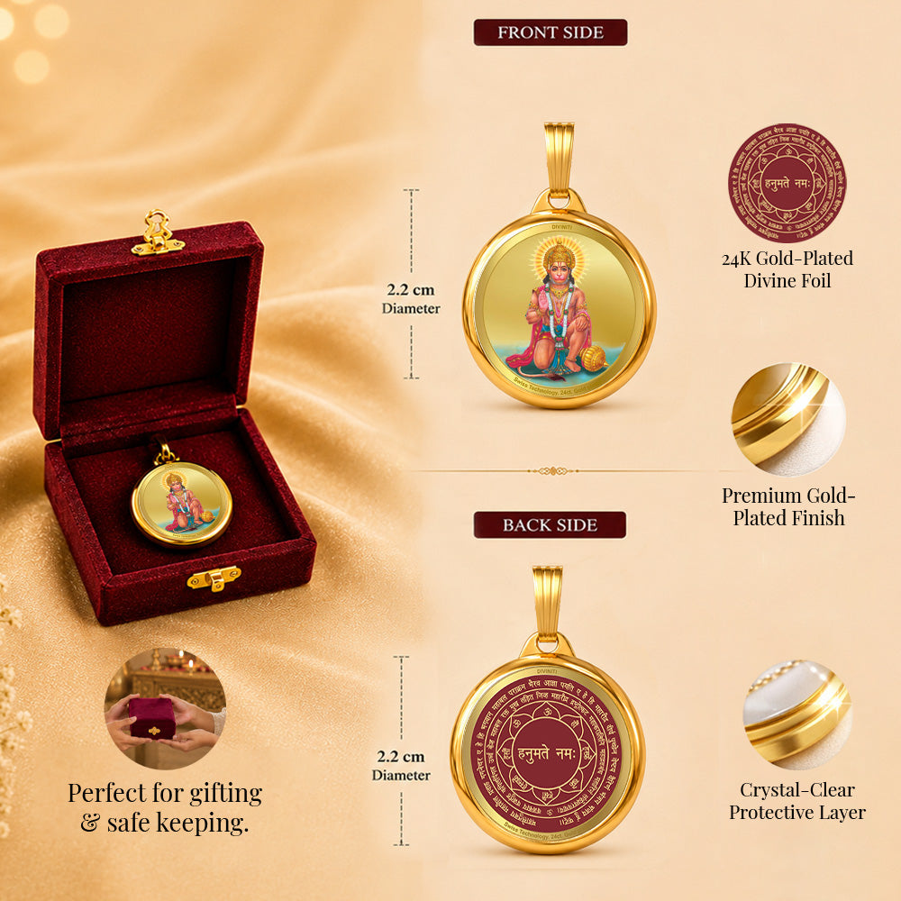 Diviniti 24K Gold Plated Hanuman & Yantra 22MM Double Sided Pendant For Men, Women & Kids
