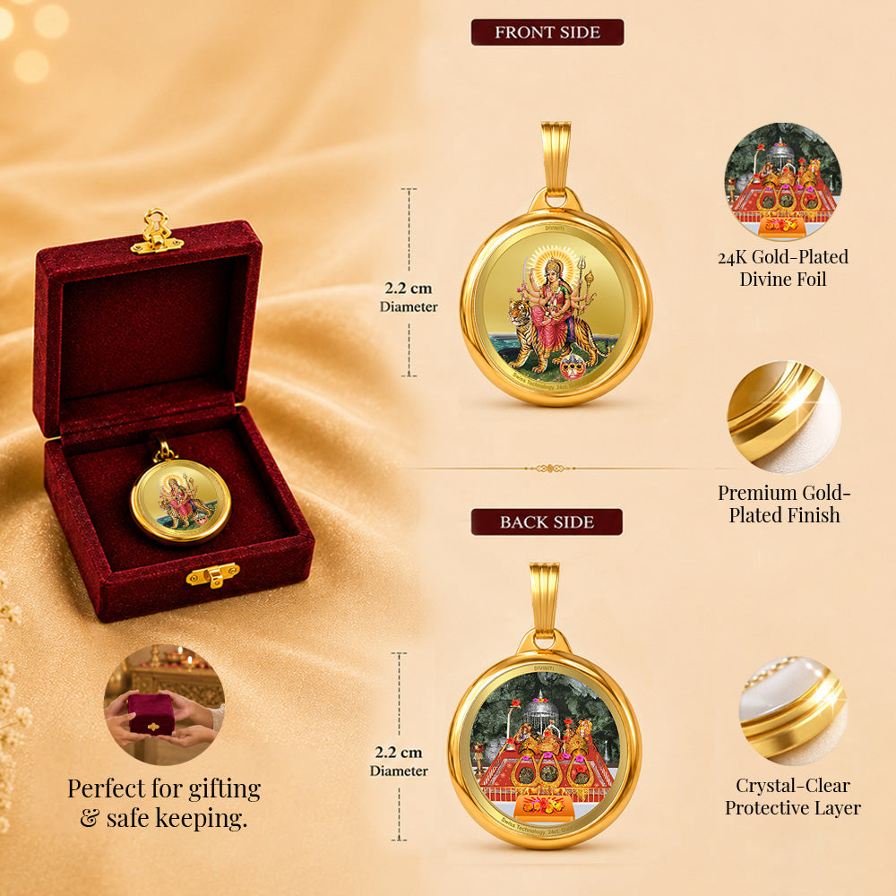 Diviniti 24K Gold Plated Durga Ji & Mata Ka Darbar 22MM Double Sided Pendant For Men, Women & Kids
