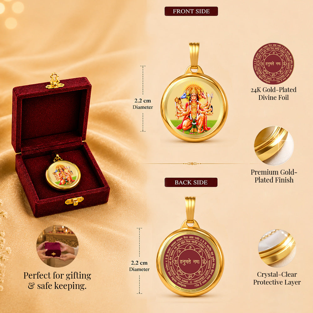 Diviniti 24K Gold Plated Foil Lord Panchmukhi Hanuman & Yantra 22MM Double Sided Pendant For Men, Women & Kids