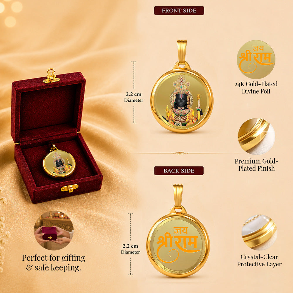 Diviniti 24K Gold Plated Foil Ram Lalla & Jai Shri Ram 22MM Double Sided Pendant For Men, Women & Kids