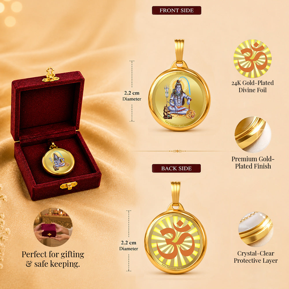 Diviniti 24K Gold Plated Lord Shiva & Om 22MM Double Sided Pendant For Men, Women & Kids