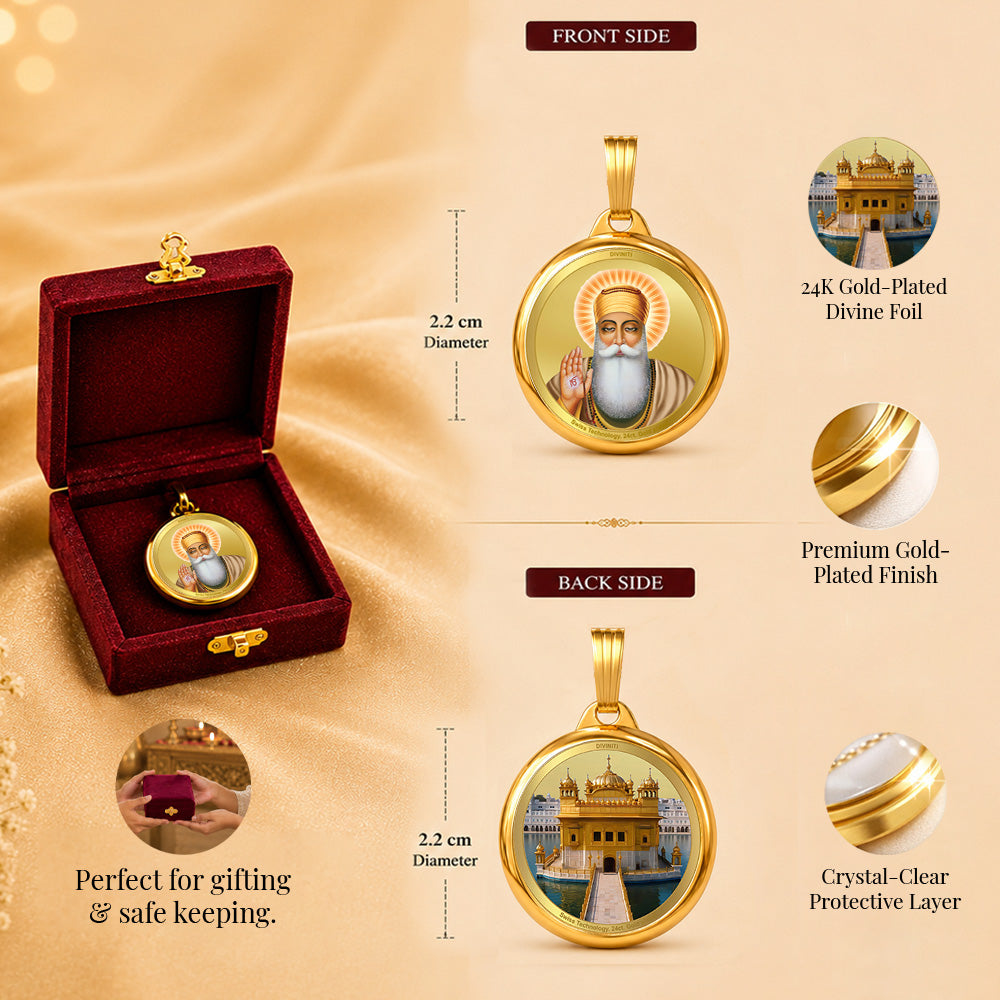 Diviniti 24K Gold Plated Foil Double Sided 22MM Pendant Guru Nanak Dev Ji & Sachkhand Shri Darbar Sahib (Golden Temple)