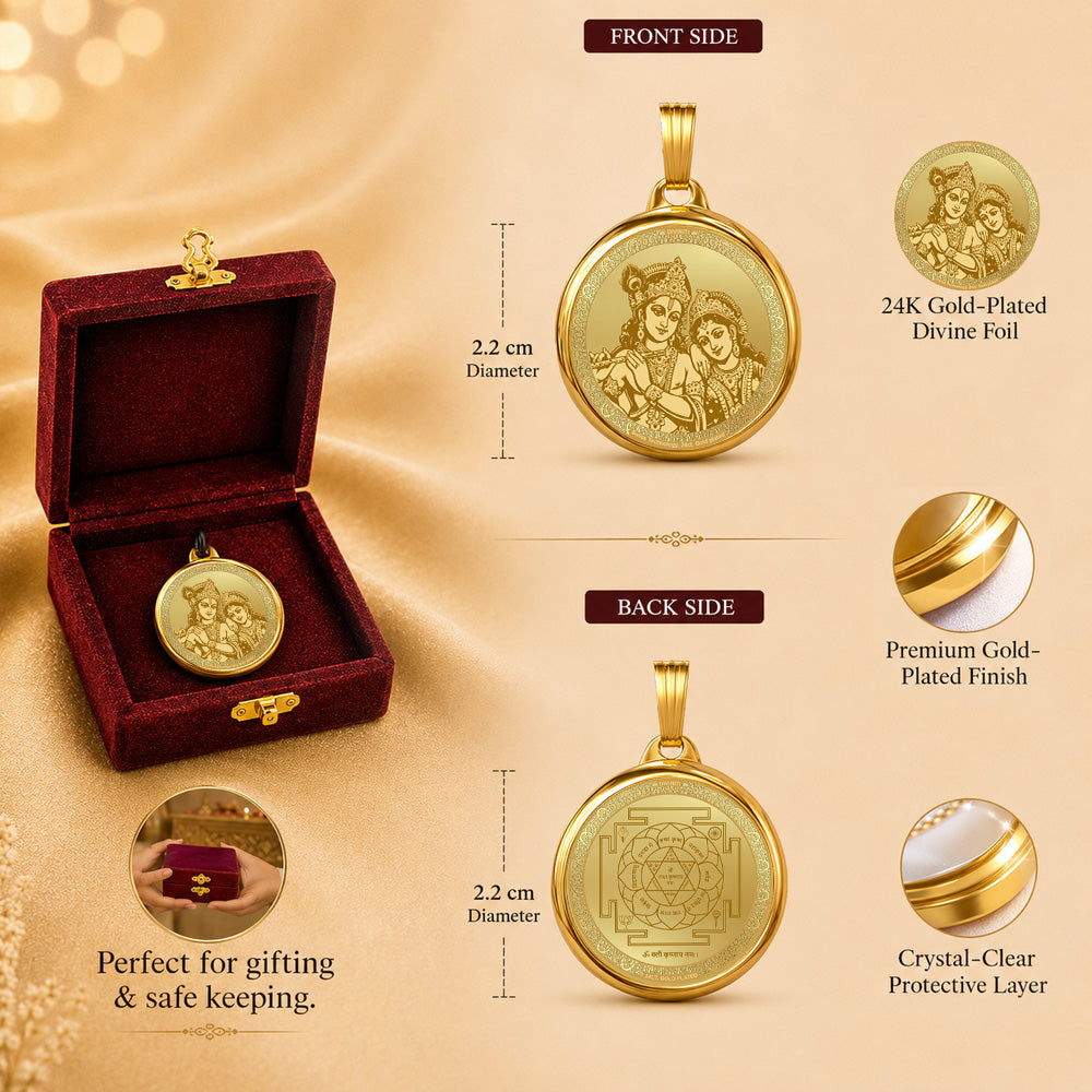 Diviniti 24K Double Sided Gold Plated Pendant Radha Krishna & Sacred Krishna Yantra | 22 MM Flip Coin (1 PCS)