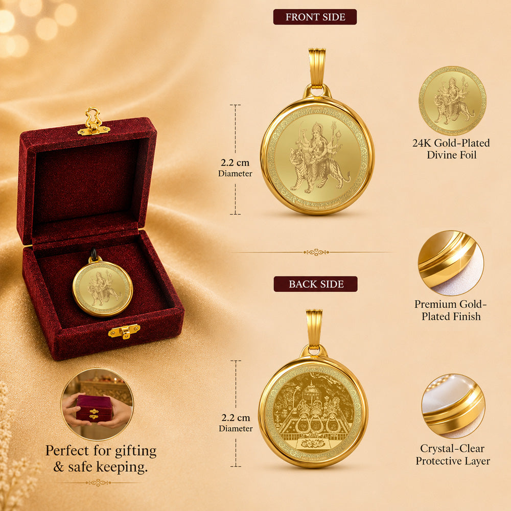 DIVINITI 24K Gold Plated Durga & Mata Ka Darbar 22MM Double Sided Pendant For Men, Women & Kids