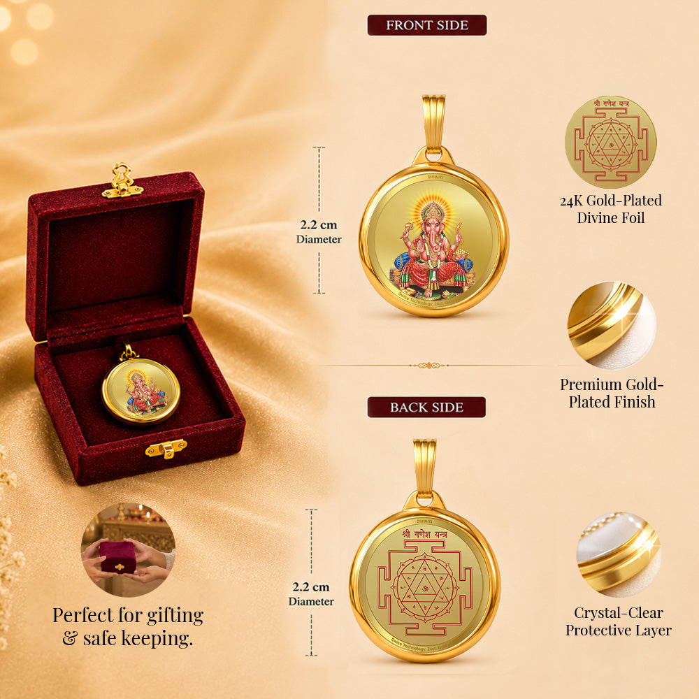 Diviniti 24K Double sided Gold Plated Pendant Ganesha & Yantra|22 MM Flip Coin