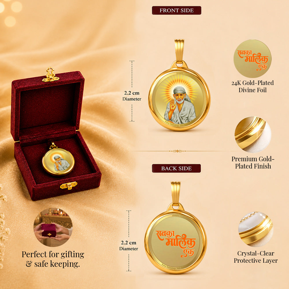 Diviniti 24K Gold Plated Sai Baba & Om 22MM Double Sided Pendant For Men, Women & Kids