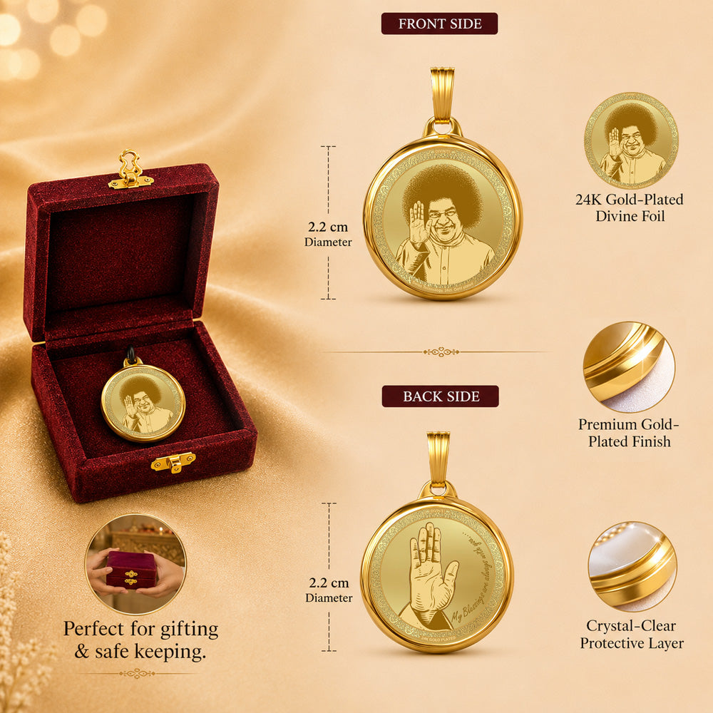 Diviniti 24K Double Sided Gold Plated Pendant Sathya Sai Baba & Blessing Hand | 22 MM Flip Coin (1 PCS)