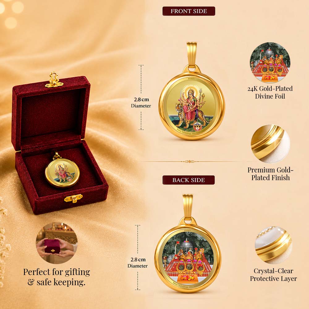 Diviniti 24K Gold Plated Goddess Durga & Mata Ka Darbar 28MM Double Sided Pendant For Men, Women & Kids