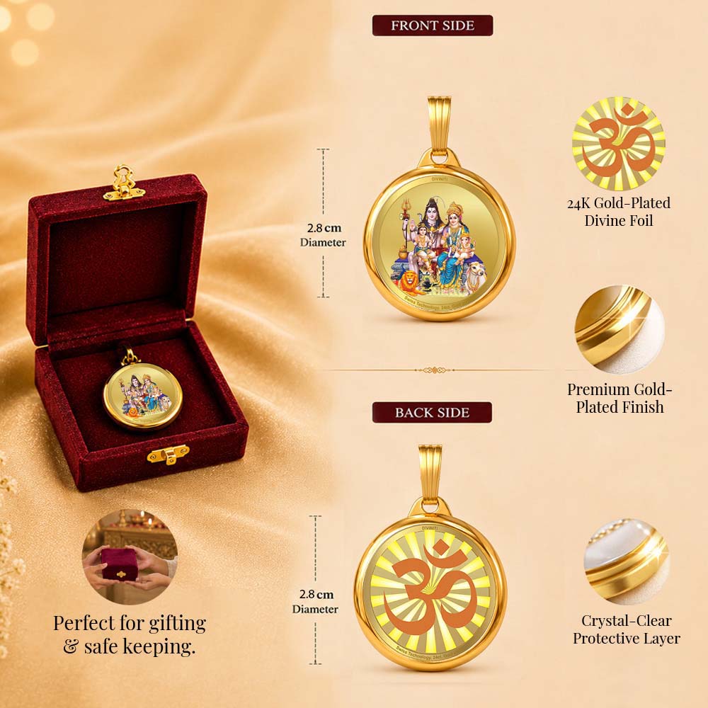 Diviniti 24K Double sided Gold Plated Pendant Shiv Parivar & Om|28 MM Flip Coin