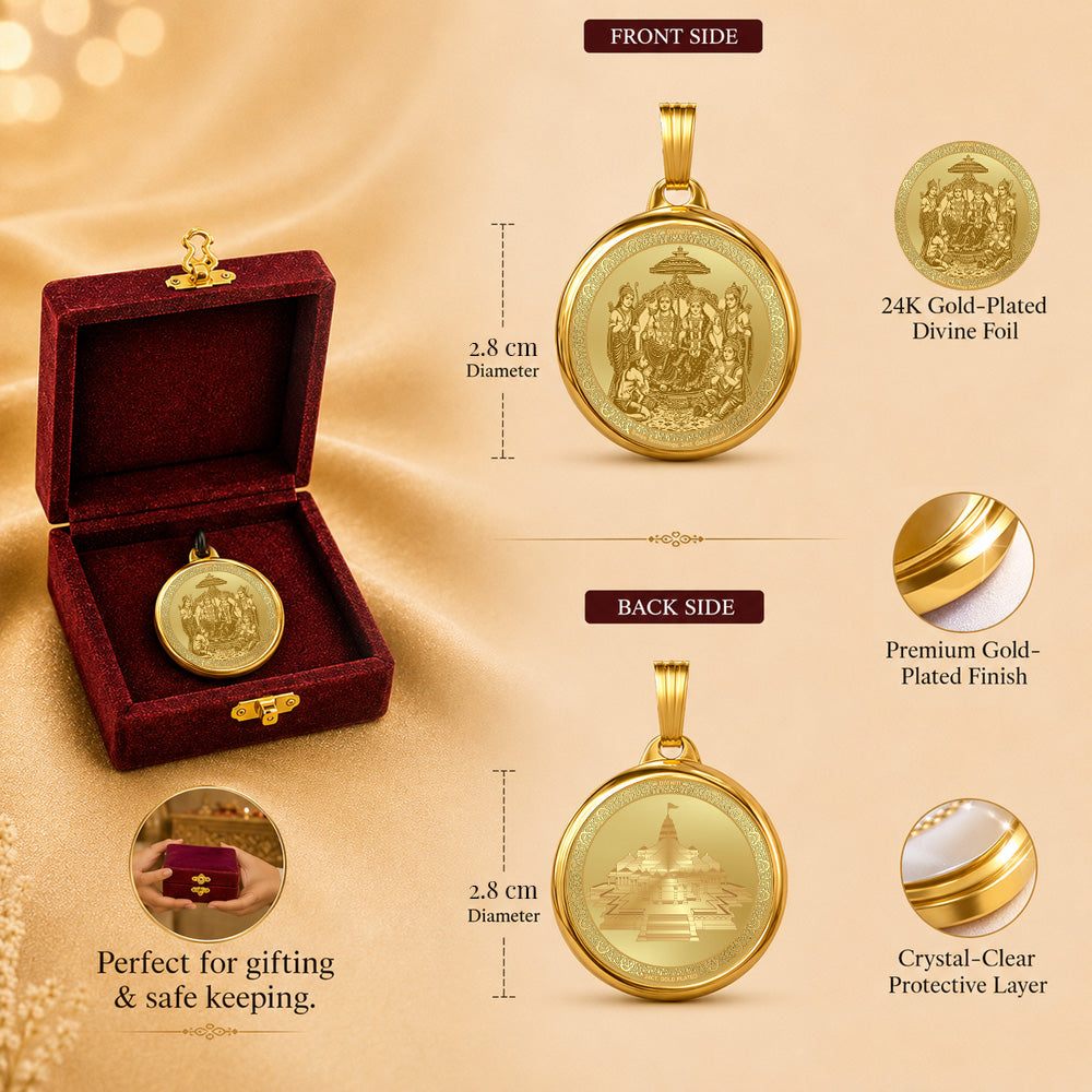 Diviniti 24K Double Sided Gold Plated Pendant Ram Darbar & Shri Ram Mandir | 28 MM Flip Coin (1 PCS)